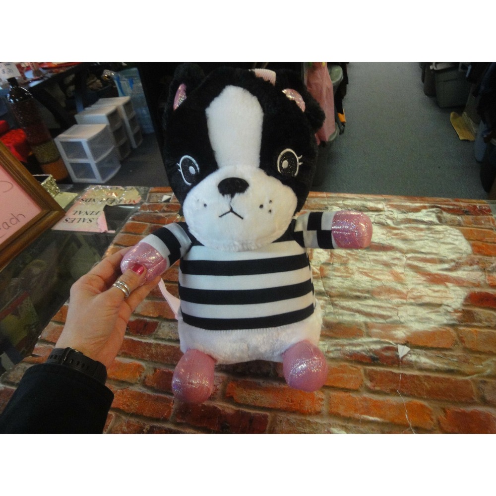 Plush doll Backpack black white pink dog puppy Fun stuffed toy with pocket NWT